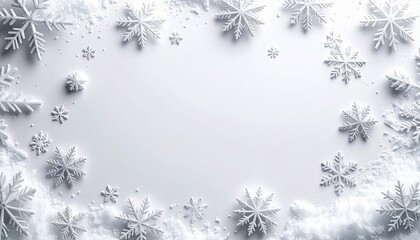 White winter background wallpaper with snowflakes, blank space in the middle for copy space text