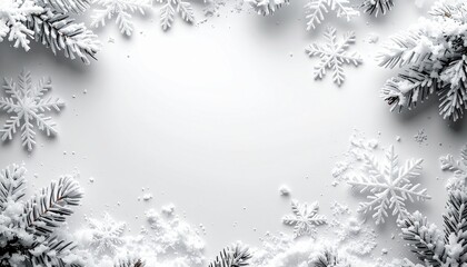 White winter background wallpaper with snowflakes and snowy christmas tree branches, blank space in the middle for copy space text
