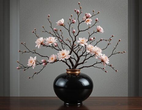 Elegant floral arrangement of delicate pink blossoms in a sophisticated black vase, evoking tranquility and natural beauty.
