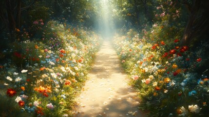 Obraz premium Sunlight path through vibrant flower garden
