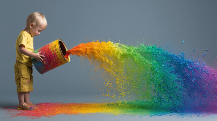A little boy is holding a paint bucket and pouring paint on the ground