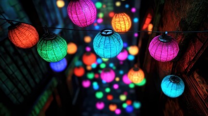 Brightly colored lanterns adorn a nighttime alley, creating a festive atmosphere that highlights the charm of urban life, This image can be used for event promotions, decorations, or cultural themes,