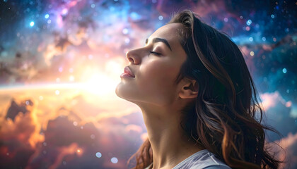 A landscape with a profile of a woman with her eyes closed against the backdrop of space, accessing another dimension