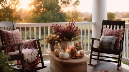Cozy autumn porch decor with rocking chairs, flowers, and candles during sunset