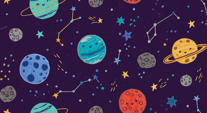 Hand-drawn cartoon-style seamless pattern with planets, stars, and constellations
