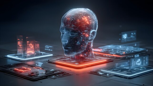 Stunning 3D holographic AI head emerges from glowing futuristic interface, representing advanced technology and artificial intelligence.