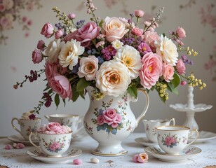 Elegant floral arrangement in vintage porcelain vase with delicate tea set