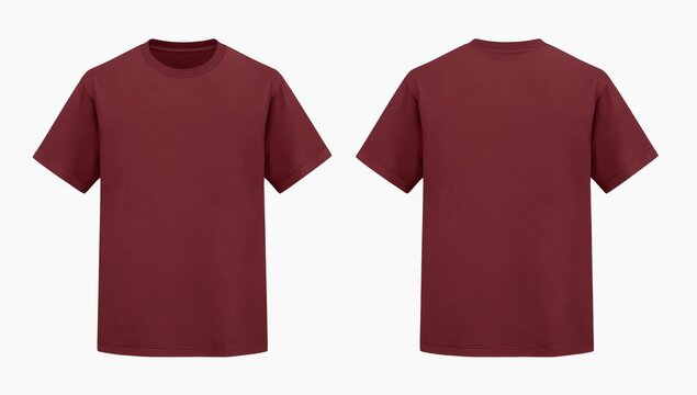 Red maroon t shirt front and back view, isolated on white background. Ready for your mock up design template.