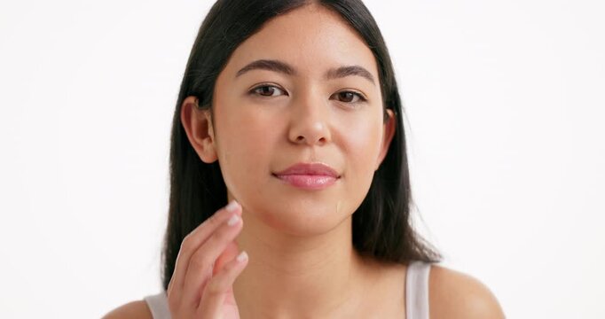 Happy woman, face or skincare with acne patch in studio for beauty cosmetics on a white background. Portrait, female person or model with facial treatment for skin hygiene or spots on mockup space