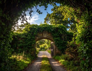 Obraz premium Secret garden entrance: Stone archway adorned with vibrant foliage unveils a pathway
