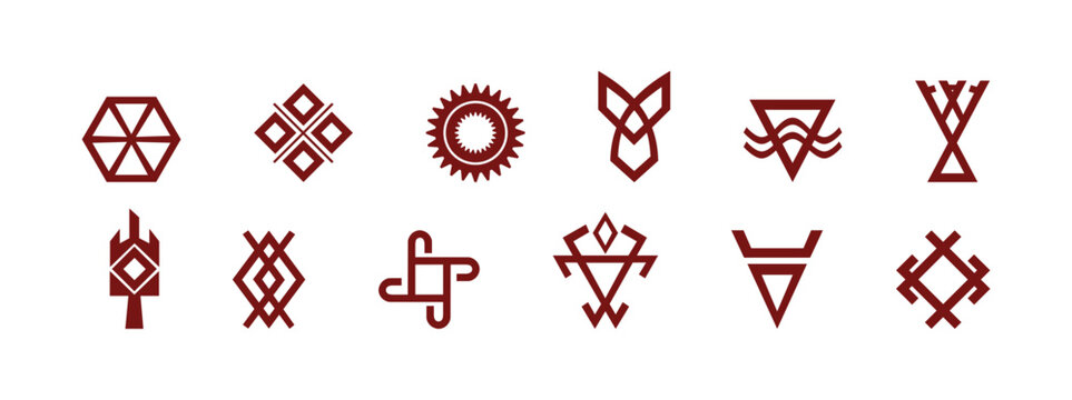 Minimalist red geometric icons representing Slavic deities, clean vector illustration of traditional pagan symbols for cultural and historical projects