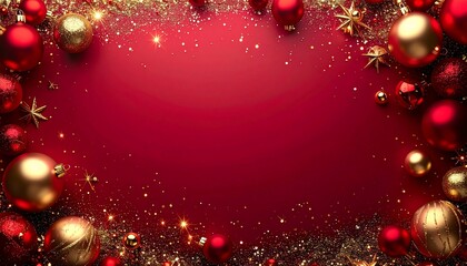 Christmas background with gold and red bauble ornament with glitter and stars frame, blank copy text space in the middle, holiday wallpaper