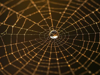 Obraz premium A spiderweb covered in sparkling golden dew drops against a dark background. A central large drop reflects light, creating a beautiful, intricate natural pattern.