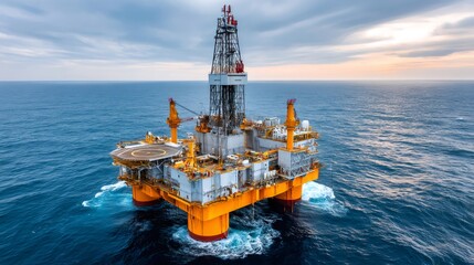 Offshore jack up drilling rig extracting gas and oil on the ocean at sunset