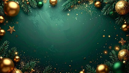 Green Christmas background with gold and green bauble ornament and fir tree branches frame, glitter and stars, blank copy text space in the middle, holiday wallpaper