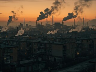 Fototapeta premium A city skyline at dawn/dusk, dominated by towering factory smokestacks spewing dense smoke into an orange sky, with residential buildings in the foreground.