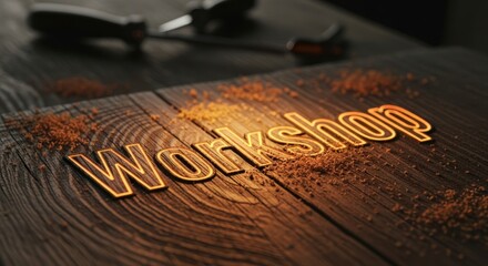 Glowing "Workshop" Text on Rustic Wooden Surface with Tools in Background