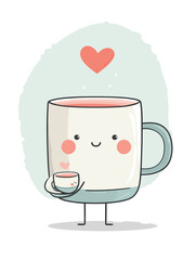 A cheerful cartoon-style cup with a smiling face and rosy cheeks holds a smaller cup, surrounded by floating hearts. The background is soft and inviting.