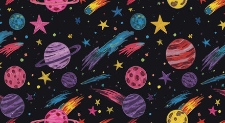 Hand-drawn Space Pattern with Planets, Stars and Comets for Kids and Nursery