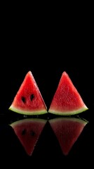 Two Slices of Watermelon with Seeds Reflecting on a Glossy Black Surface Background