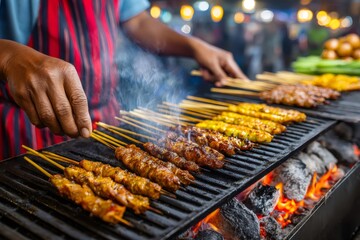 Naklejka premium Street food vendor grilling satay skewers on charcoal grill at night market