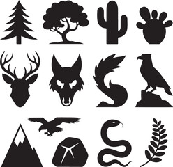 Set of Wild Nature and Animal Silhouettes in Black and White wildlife tree