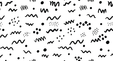 Playful Hand-Drawn Abstract Pattern with Scribbles and Dots on a White Background