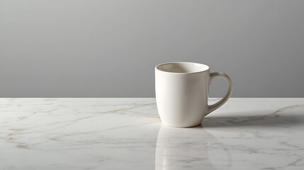 A simple white ceramic mug on a marble surface