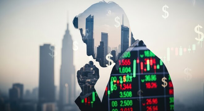 Financial Analyst Contemplating Market Trends with Cityscape Overlay