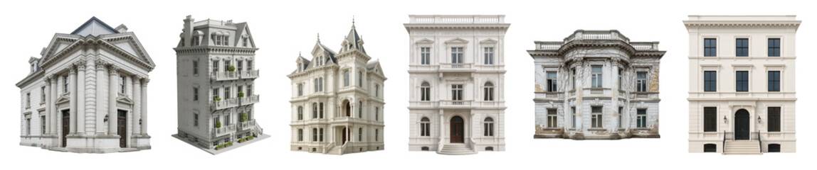Obraz premium Architectural building set including various classical, Victorian, and urban facades isolated. Design elements for cityscapes and real estate.