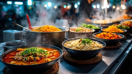 Fototapeta premium Steaming hot noodles and delicious dishes being served at asian night market