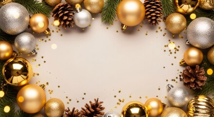 Holiday frame with golden and silver christmas baubles, pine cones, and fir branches on light background. New year decor with glitter.