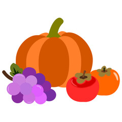 Autumn harvest vector featuring pumpkin, grapes, and two persimmons illustration. Perfect for seasonal designs, packaging, branding, food graphics, and decorative autumn projects with cozy harvest vib