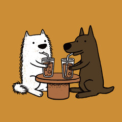 Two cartoon dogs, one white and fluffy and the other brown and sleek, sit together at a table with glasses of cold drinks, enjoying their time in a cheerful atmosphere.
