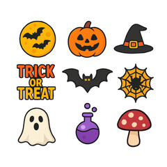 Set of Halloween vector icons with pumpkin, ghost, spider, cobweb, fly agaric, potion, ghost and moon, trick or treat