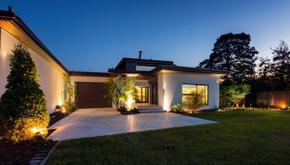 luxurious modern house exterior with elegant lighting and garden landscaping in the evening