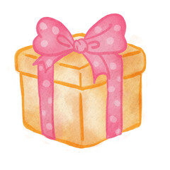 A cute kaw watercolor-style illustration of a yellow gift box wrapped with a large pink polka dot ribbon and bow, perfect for celebrations, birthdays, anniversaries, holidays, and festive occasions