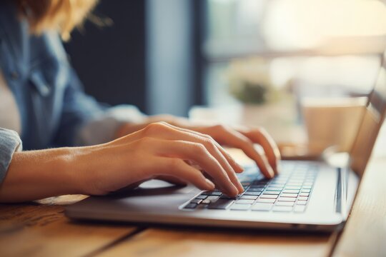 In a serene home office setting, a person is focused on crafting a heartfelt email on a laptop, surrounded by natural light and calming decor in the early morning