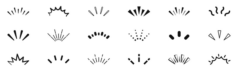 Doodle sparkle and rays set. Explosion, sunburst, surprise, firework, shine, twinkle, confetti. Trendy bursting rays design elements. Vector illustration.