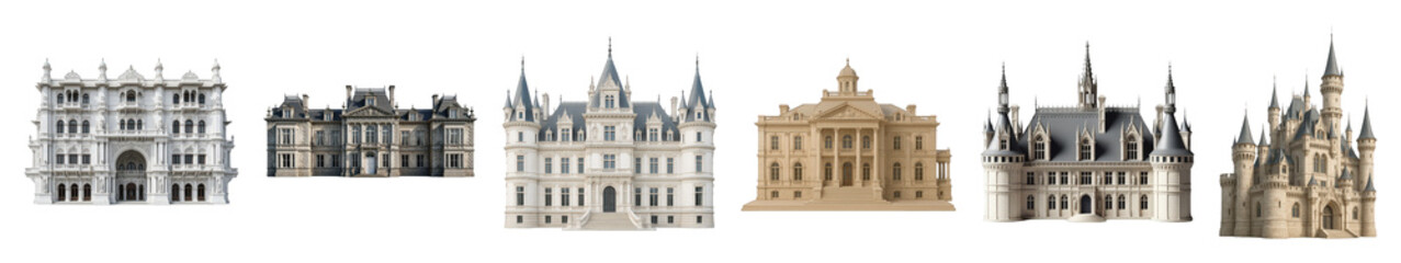 Fototapeta premium Ornate building set including palaces, mansions, castles, and historic-style structures isolated. Fantasy and historical architecture collection.