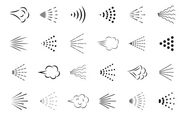 Spray icons. Spray steam icons. Spray icons for aerosol, water, deodorant, perfume, antiseptic, paint, hairspray. Spray steam icons.