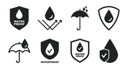Waterproof icons. Water Proof sign collection. Water resistant symbol. Water protection icon with shield. Used for package. Vector illustration.