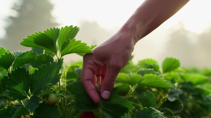 Strawberry harvest in the lush field during morning hours with sun light - Powered by Adobe