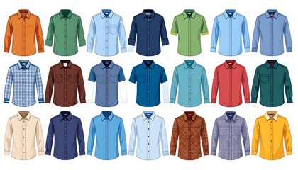 A comprehensive assortment of various long-sleeved shirts in a wide array of colors and patterns, presented in a flat design style.