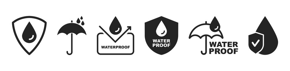Waterproof icons. Water Proof sign collection. Water resistant symbol. Water protection icon with shield. Used for package. Vector illustration.
