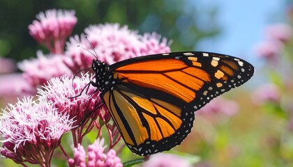 A monarch butterfly sips nectar from a cluster of pink flowers, showcasing vibrant colors and intricate wing patterns.