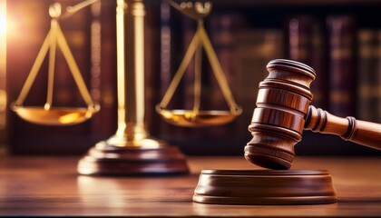 wooden gavel on a desk in a law court used by a judge wallpaper with copy space and a scale in the background