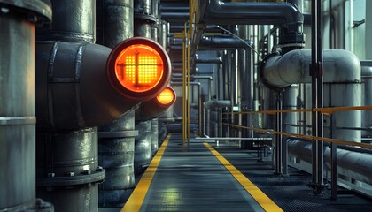 A modern industrial facility showcasing intricate piping systems and illuminated warning signals, emphasizing the complexity and precision of contemporary manufacturing environment