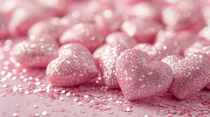 Close up of glittering heart shaped candies on soft pink background for valentine s day celebration