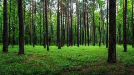 Naklejka premium Lush green forest landscape featuring tall trees surrounded by vibrant undergrowth, perfect for nature-themed projects, environmental awareness campaigns, or outdoor adventure promotions,